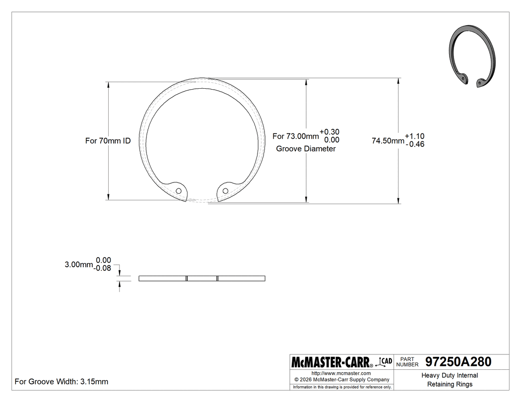 Technical Drawing of Heavy Duty Internal Retaining Rings, for 70 mm ID, Black Phosphate 1060-1090 Spring Steel.